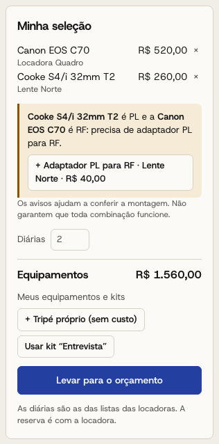 Seleção com Canon EOS C70 e Cooke 32mm, e o aviso: a lente é PL e a câmera é RF, precisa de adaptador, com o botão para incluir o adaptador